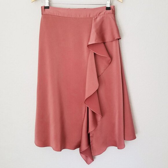 Zara Sateen Silk Satin Asymmetric Ruffle Midi Skirt Mauve Pink Size M Romantic - Picture 5 of 15